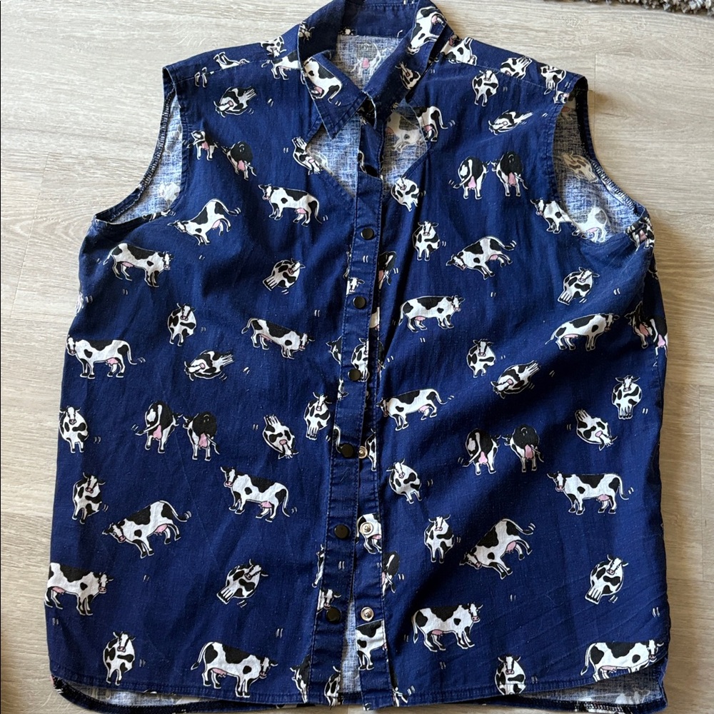Navy Blue Sleeveless Button Up Shirt with Cow Print
